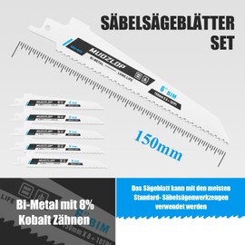 MUOZLOP 5 Pack 6 Inch Reciprocating Saw Blades Set, 8 + 10 TPI Saw Blades for Reciprocating Saw, for Wood/Metal Reciprocating Saw Blades (5, 8 + 10TPI 150 mm)