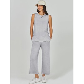 ANRABESS Women's 2 Piece Sets Summer Outfits Sleeveless Wide Leg Tracksuits Casual Sweat Sets Lounge Sweatsuits Light Grey Medium