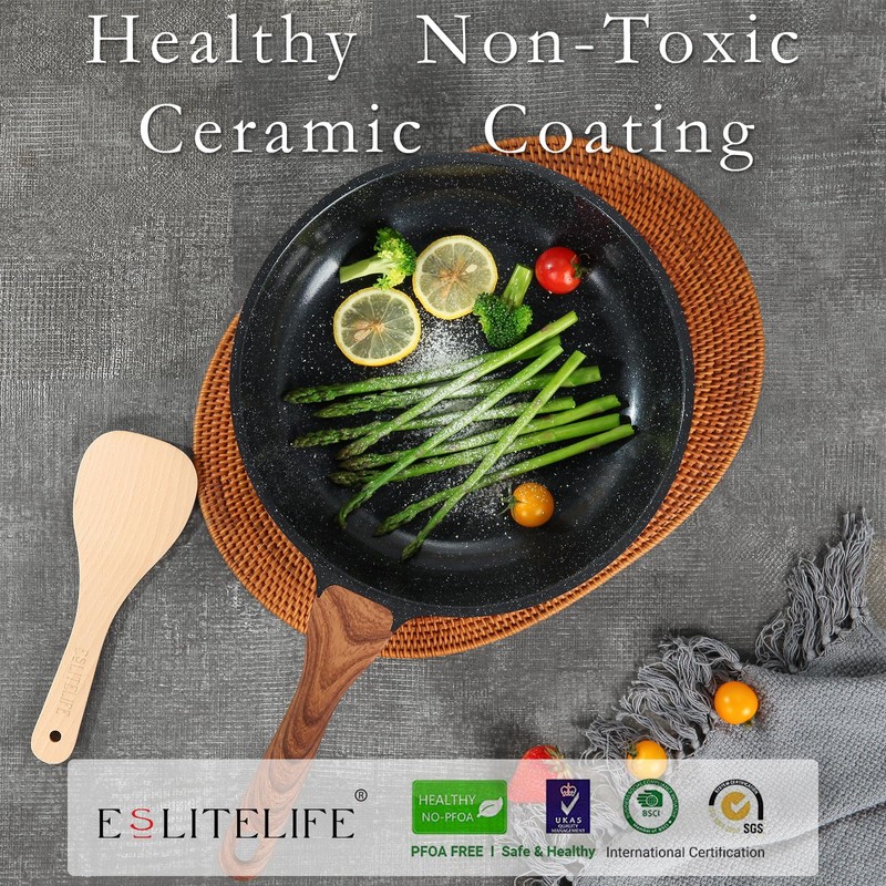 ESLITE LIFE Nonstick Ceramic Frying Pan Skillet with Lid, Non-Toxic