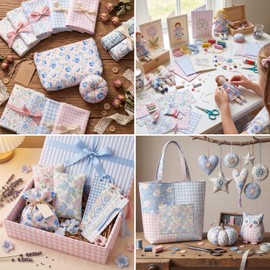 Mindsoft 12 Pcs Coquette Floral Fabric Bundles 18 x 22 Inch Cotton Pastel Ditsy Floral Hydrangea Fat Quarters Blue Pink Bow Gingham Quilting Fabric Patchwork Squares for Sewing Quilts DIY Craft