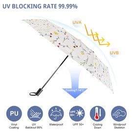 CUBY UV Sun Umbrella Compact Folding Umbrella lightweight Portable Mini Umbrella Travel Umbrella for Windproof, Rainproof & 99% UV Protection Parasol with Black Anti-UV Coating Design for Women (Butterfly Flower)