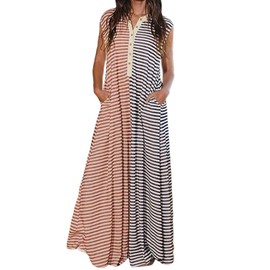Women Cotton Loose Sleeveless Striped Wide Leg Jumpsuit Jumper Button Summer Rompers Baggy Overalls Comfy (Large,Grey)