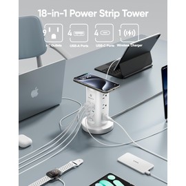 Kakyanill 115W USB Charging Station, Surge Protector Power Strip Tower, 9 AC Outlets with 8 USB Ports(4 USB-C), 6Ft Flat Plug Retractable Extension Cord, for Home Office Dorm, White