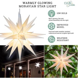 Elf Logic 14” Bright White LED Moravian Star Tree Topper - Hanging Outdoor/Indoor Christmas Tree Star Topper Light - Use as Holiday Decoration, Porch Light, Wedding and Ballroom Venue Decor