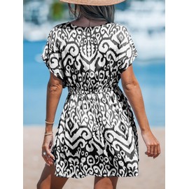 CUPSHE Women's Casual Summer V Neck Beach Cover Ups Short Sleeve Swimsuit Coverup Bohemian Geometric Dress Black Medium