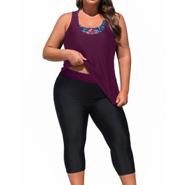 Yonique 3 Piece Plus Size Swimsuits for Women Tankini Tops with Sports Bra and Swim Capris Athletic Bathing Suits Purple Floral 18 Plus