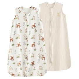 PHF 100% Muslin Cotton Baby Sleep Sack, 18-24 Months Baby Wearable Blanket with 2-Way Zipper, 2 Pack Soft Breathable Cooling 0.5 TOG X-Large Size Sleeveless Sleeping Bag for Boys/Girls, Woodland