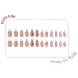 IMRAIN Almond Press on Nails Medium Fake Nails Purple Full Cover Glue on Nails Glossy French Tips False Nails with 5D Butterfly & Flower Charms Designs for Women Girls Artificial Cute Nails