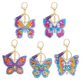 MWOOT 5Pcs Diamond Art Painting Keychain, 5D DIY Butterfly Diamond Pasted Painting Keyring Charm with Tassel, Double Sided Full Drill Crystal Craft Pendant for Backpack Handbag Décor