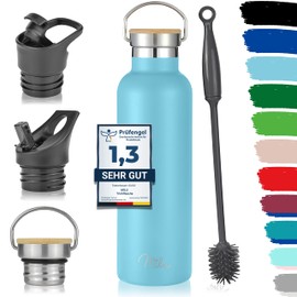 Milu Stainless Steel Drinking Bottle 350 ml 500 ml 750 ml 1000 ml (+ 3 Lids) - Thermos Bottle with Straw, Insulated Water Bottle, Leak-Proof Insulated Flask Double-Walled (Sky Blue, 750 ml)