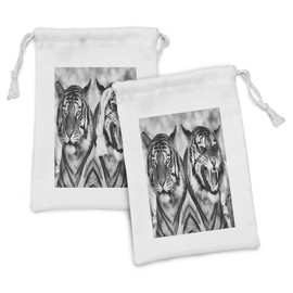 Ambesonne Savannah Fabric Pouch Set of 2, Cat Expression Opposite Images Fearsome Teeth Mirror Angry Intense Wildlife, Small Drawstring Bag for Toiletries Masks and Favors, 9" x 6", Pale Grey Black