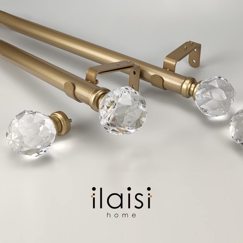ILAISIHOME Luxury Gold Decorative Single Curtain Rod Set with Crystal-clear