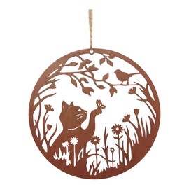 Decorative Hanging Cat with Butterfly in Flower Meadow Door Hanger Window Decoration Wind Chime Wall Decoration Round Rust Look Decoration for Hanging with Cats Made of Metal