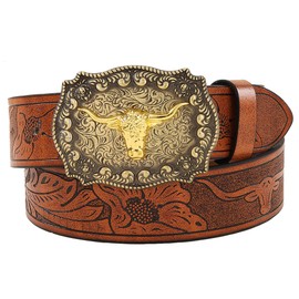 Vikodah Western Leather Cowboy Belts Texas Longhorn Bull Head Buckle Belt Floral Engraved Rodeo Belt for Men