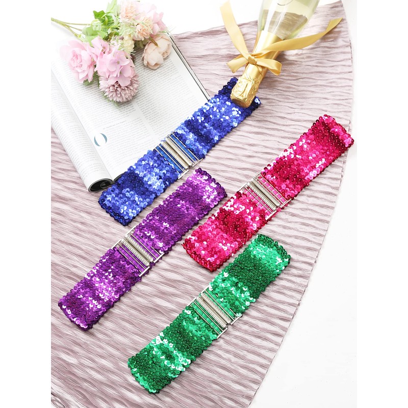 Allegra K Women's Glitter Stretch Waist Belt Interlock Buckles Sequins