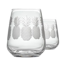 Rolf Glass Fresh Pineapple Stemless Wine Glass | 15.75oz Stemless Tumblers | Lead-Free and Diamond-Wheel Engraved | Tropical Coastal Etched Glassware with Pineapple Design | Set of 2