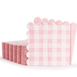 100 Pcs Pink Gingham Napkins, 5 x 5 Inches Scalloped Napkins, Disposable Cocktail Napkins for Wedding Birthday Party Baby Shower Picnic