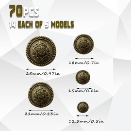 hocadon Pack of 70 Craft Buttons, Round Buttons, Traditional Buttons, Brass Buttons, Antique Silver Blazer Buttons, Buttons for Crafts, Silver Buttons for Blazer, Suits, Jacket, Uniform