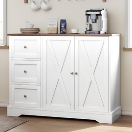 IDEALHOUSE Buffet Cabinet with Storage Drawers and Doors, Farmhouse Coffee Bar Cabinet with Adjustable Shelf for Kitchen, Living Room, White