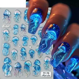 Summer Nail Art Stickers Decals 5D Embossed Jelly Fish Nail Decals 1PCS Self Adhesive Blue Marine Life Theme Nail Stickers Nail Art Supplies Summer Nails Adhesive Sliders for Women DIY Nail Salons