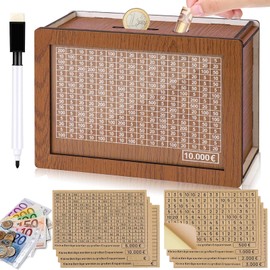 Wooden Money Box with Ticking Numbers, Wooden Piggy Bank with Counter, Money Box and 8 Stickers, Money Box with Counter, Reusable Money Box for Adults and Children