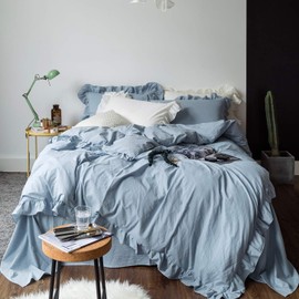 Lanqinglv Bed Linen 220 x 240 cm Greyish Blue with Ruffles, 100% Soft Microfibre Double Bed - Romantic Duvet Cover 220 x 240 cm + 2 Pillowcases 80 x 80 cm, with Zip