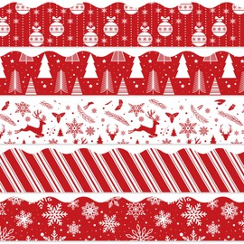 Whaline 69Ft Christmas Bulletin Board Borders Xmas Tree Snowflake Reindeer Scalloped Border Trim Red White Winter Bulletin Border Stickers for Classroom Office Decor