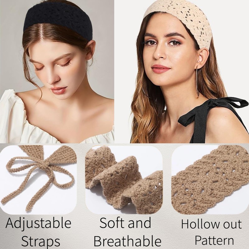 Handmade Crochet Boho Headbands for Women, Adjustable Tie Knit Hippie