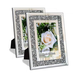 ALLARTONLY Crush Diamond Mirror Photo Frame In Bling Sparkle Crystal Silver Glass Finish, For Picture Size 4x6 inch, Pack of 2 Piece, table top Stand frame & Wall Frame