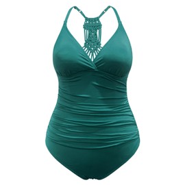 Hilor Women's Shirred Halter One Piece Swimsuits Macrame Back Swimwear Solid Bathing Suit Deep Emerald 14