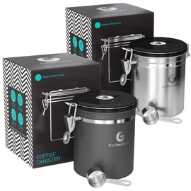 Coffee Gator Coffee Canister, 2pack 16oz Airtight Stainless Steel Kitchen Food Storage Container with Date Tracker, Scoop for Grounds Coffee Bar Accessories, Beans, Tea, Sugar, Flour - Gray&Silver