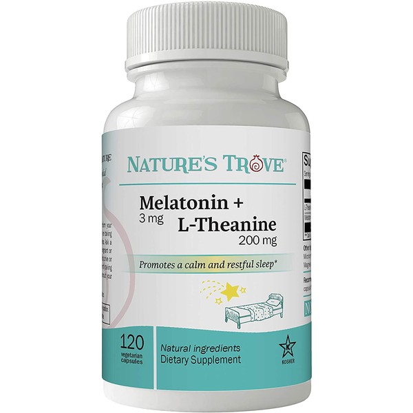 Melatonin 3mg + L Theanine 200mg – Sleep Aid Supplement – Promotes Deep Sleep – Promotes Stress Control and Relaxation – 120 Kosher Vegetarian Capsules by Natures Trove