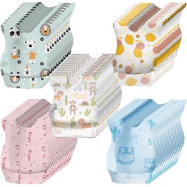 KAMHBE Disposable Bibs 50 Pcs Baby Bibs Waterproof Travel Feeding Bibs with Food Catcher Pocket Portable for Boys Girls Home Outdoor Use Individual Packaged