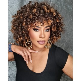 YEESHEDO Afro Wig Dark Brown with Brown Highlights Brazilian Synthetic Brazilian Kinky Curly Natural Hair for Women, Kinky Curly with Fringe Short Wigs for Black Women