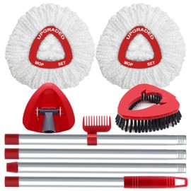 Spin Mop Replace Head Compatible with Ocedar EasyWring 1 Tank, Upgraded Scrub Brush Mop Replacement Head, 2 Microfiber Mop Refills, 1 Mop Handle, 1 Mop Base and 1 Mop Base Cleaning Brush Combo Set