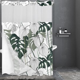 Tititex No Hooks Snap in Liner Tropical Botanical Palm Leaves Shower Curtain Sets, Hotel Luxury Double Layers Waterproof Fabric & See-Through Top Window Bathroom Decorative 72x84 Inch