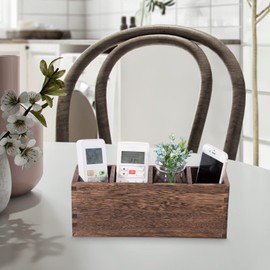 Wood Remote Caddy 4 Compartments, Table Remote Control Holder, Rustic Media Storage Organizer Caddy, Multi-Functional Desktop Organizer for TV Remotes, Game Consoles, Pens