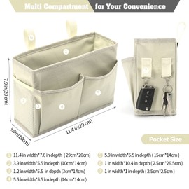 Organizador de litera, organizador de cama colgante para mesita de noche, bolsa de almacenamiento con 4 bolsillos y 2 ganchos, para dormitorios universitarios, camas de hospital, barandillas de cama de bebé, tela Oxford 600D (beige)