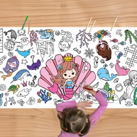 KFJBPB Mermaid Giant Coloring Poster, 30 x 72 Inches Paper Coloring Tablecloth for Kids Mermaid Party Decorations Large Coloring Activity Poster for Kids Crafts Home School Party Suppiles (Mermaid)