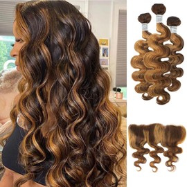 ALHER 4/27 Honey Blonde Highlight 3 Bundles With 13x4 Frontal (16 18 20 + 16), 10A Balayage Ombre Honey Brown 100% Virgin Remy Hair Bundles Body Wave,With Ear to Ear HD Lace Frontal Closure Free Part