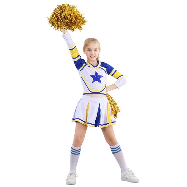 lontakids Cheerleader Costume for Girls Cheerleading Uniform Dress Outfit with Stockings 2 Pom Poms (Blue, 150/10-11years)