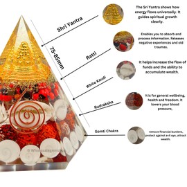 GEMSCITE Shri Yantra Gomti Chakra Pyramid - Orgonite Pyramid with Shree Yantra - Feng Shui Vastu Items for Home with Rudraksha, Gomati Chakra, Chirmi & Kaudi Shells (Hexagone Pyramid)