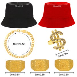 baotongle 11 Piece Hip Hop Costume Accessory Set 80s 90s Outfit Men's Hip Hop Costume 2 Bucket Hat, Gold Chain, Sunglasses, Gold Ring, Bracelet for Carnival Fancy Dress Theme Party