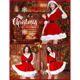 Women Christmas Santa Dress Velvet Hooded Xmas Dress Half Sleeve V Neck Santa Claus Dress Fluffy Plush Dress with Belt and Fishnet Socks Red 4-6