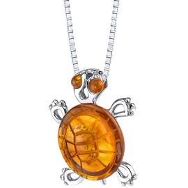 PEORA Genuine Baltic Amber Sea Turtle Pendant Necklace for Women Sterling Silver, Rich Cognac Color, with 18 inch Chain, Real Baltic Amber Necklace for Adults, 100% Natural from Baltic Region
