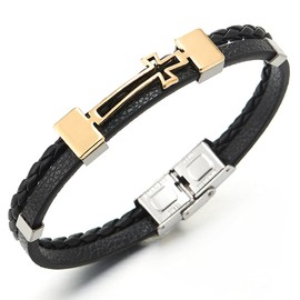 COOLSTEELANDBEYOND Men Women Two-Row Black Braided Leather Wristband Bangle Bracelet with Steel Cross Charm Silver Gold