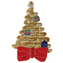 Unbranded #4282 2 5/8" Gold Christmas Tree,Red Bowknot Embroidery Iron On Applique Patch