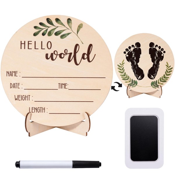 Baby Announcement Sign for Welcome Baby - Double-Sided Hello World Newborn Name Sign for Hospital with Marker and Stand, Wooden Birth Announcement board for New Girls Nursery Gifts