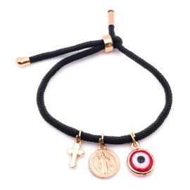 18K Gold Plated Saint Benedict Medal Black String Bracelet Evil Eye & Dainty Cross, Medium, Crystal