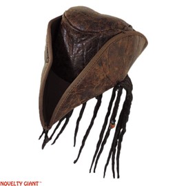 Distressed Brown Carribean Pirate Costume Tri-Corn Hat Adult with Dreadlocks